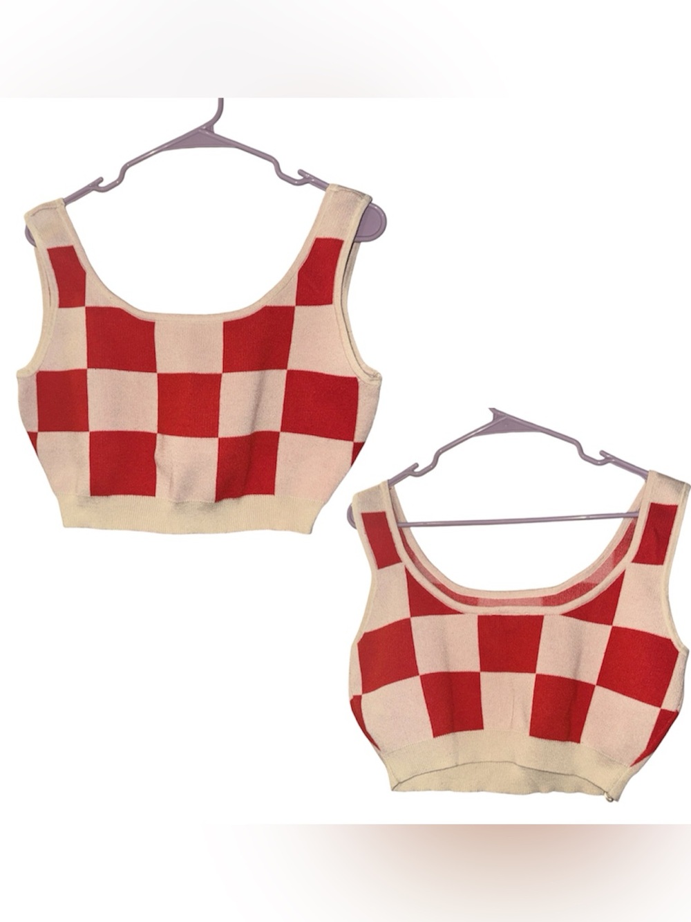 Cream & Red Checkered Knit Crop Tank Top